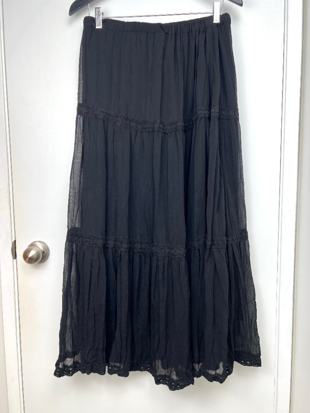Vintage MXM Pleated Flowy Crochet Trim Maxi Skirt XL Black Witchycore Bohemian